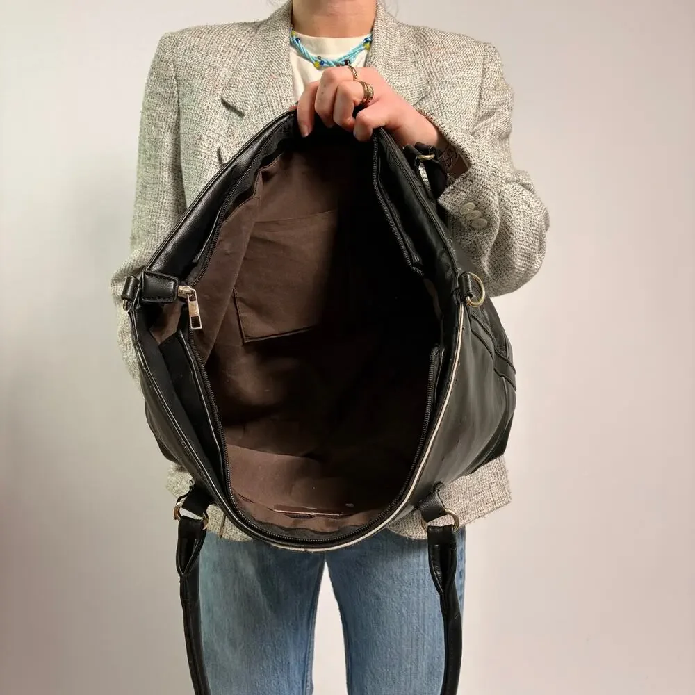 Black Quilted Logo Vegan Leather Tote - Spacious